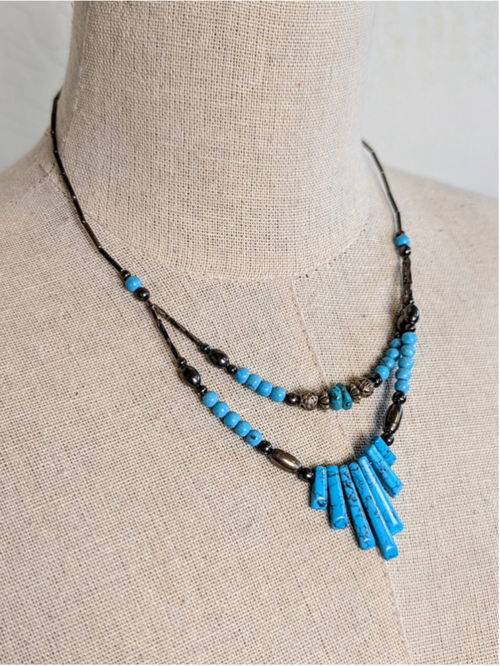 Turquoise Color Hematite Double Strand Fan Fringe Necklace 18in Boho